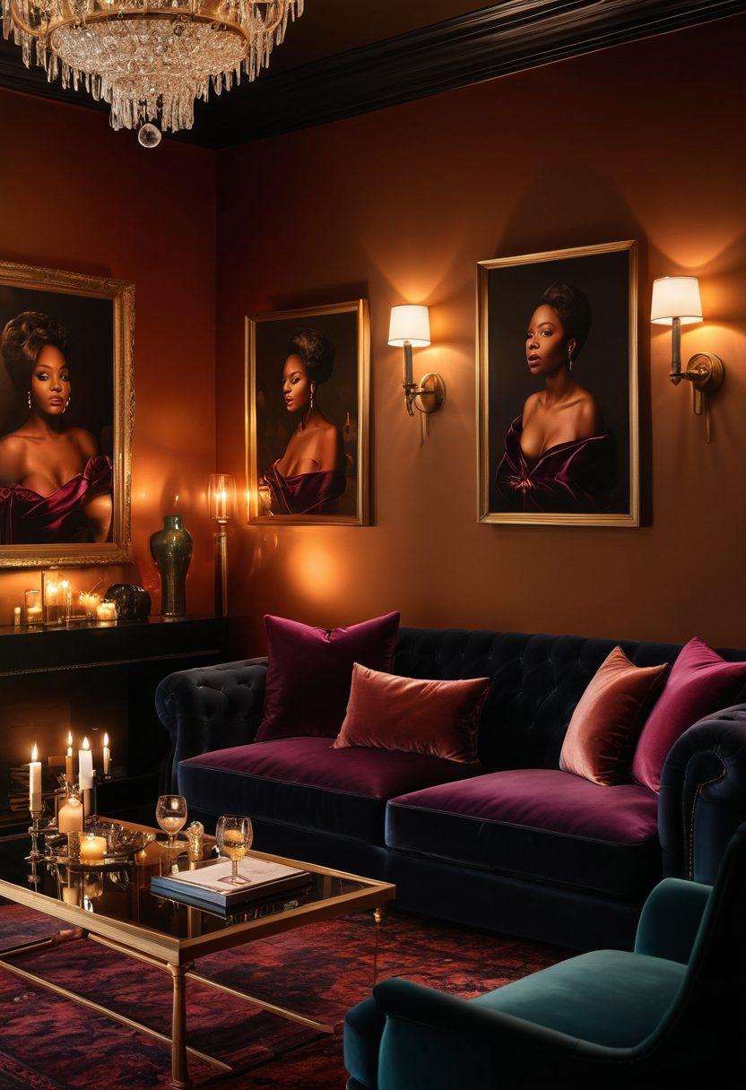 A captivating scene showcasing a luxurious, dimly-lit lounge with plush velvet sofas and elegant decor. On the walls, artwork celebrating Black culture and sensuality. Subtle shadows create a mysterious atmosphere, while soft lighting highlights the diversity of actors in ebony adult films, conveying intimacy and allure. Include elements like champagne glasses and candles for a romantic touch. 3D, super-realistic, rich colors.